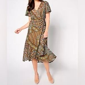 Susan Graver Petite Large Printed Mesh Flutter Sleeve Faux Wrap Dress